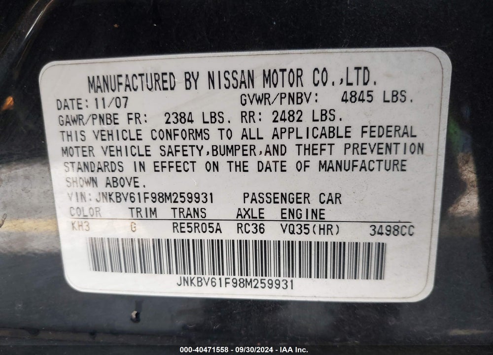 2008 INFINITI G35X VIN: JNKBV61F98M259931