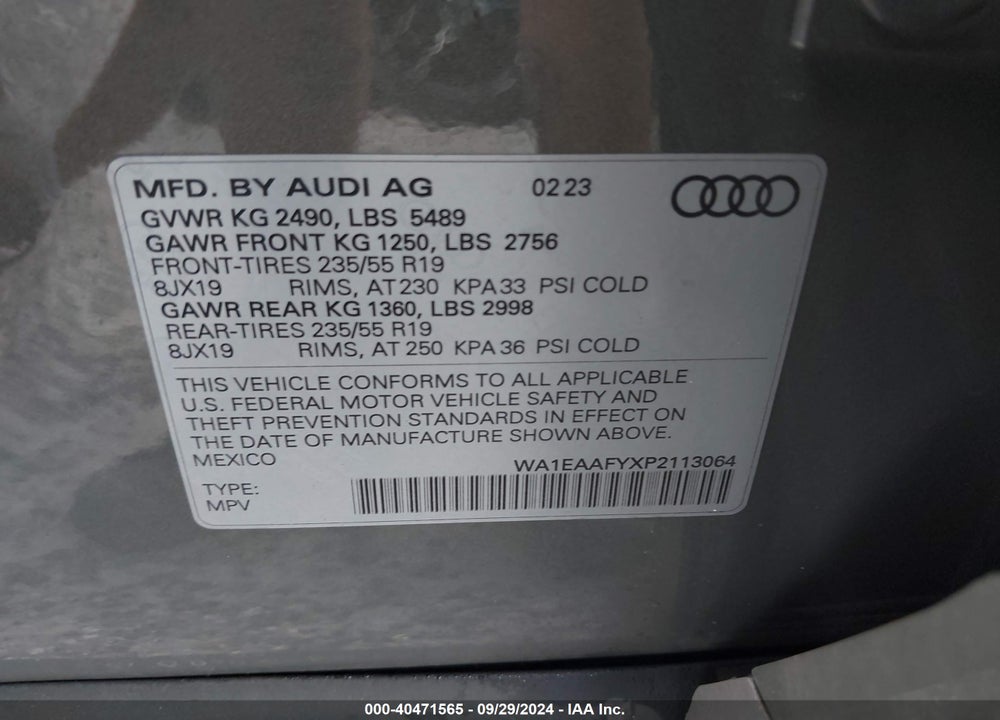 2023 AUDI Q5 PREMIUM PLUS 45 TFSI S LINE QUATTRO VIN: WA1EAAFYXP2113064