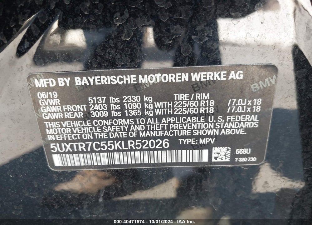 2019 BMW X3 SDRIVE30I VIN: 5UXTR7C55KLR52026