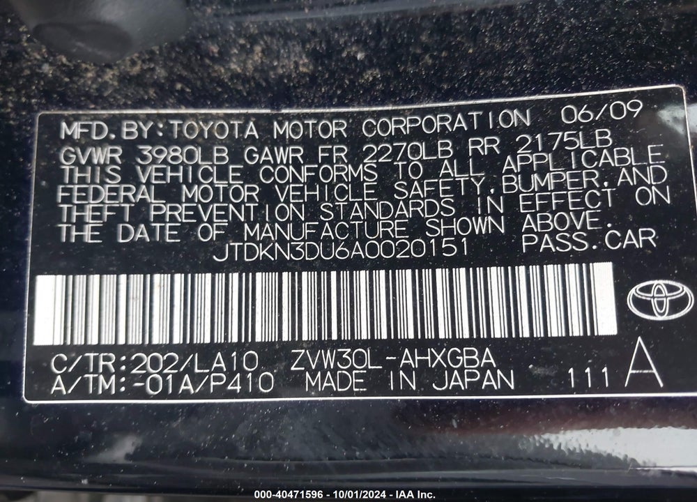 2010 TOYOTA PRIUS IV VIN: JTDKN3DU6A0020151