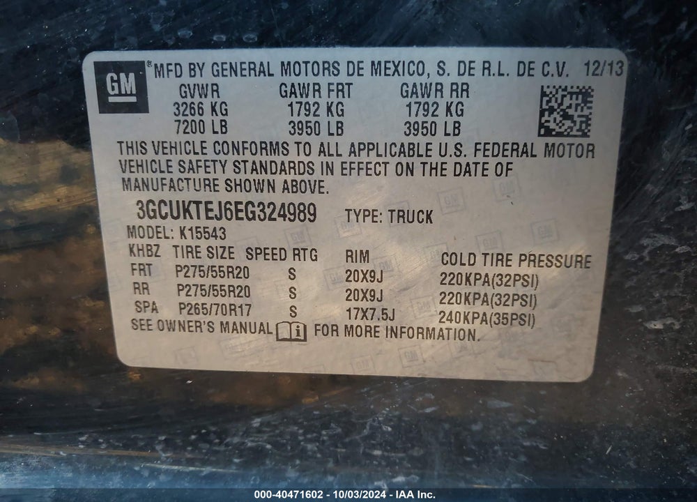 2014 CHEVROLET SILVERADO 1500 HIGH COUNTRY VIN: 3GCUKTEJ6EG324989