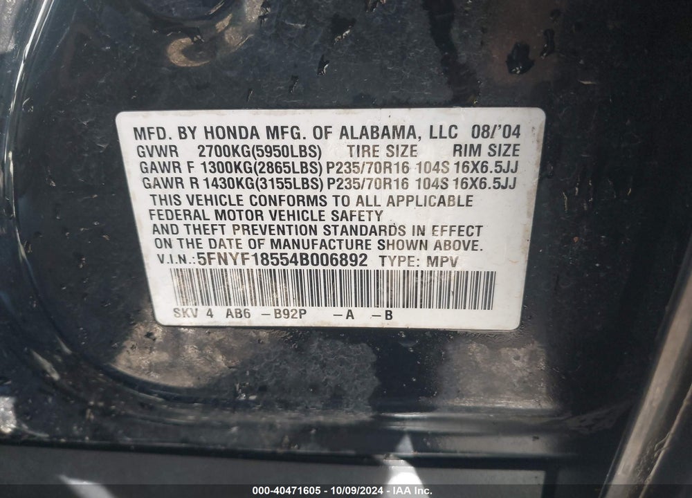 2004 HONDA PILOT EX-L VIN: 5FNYF18554B006892