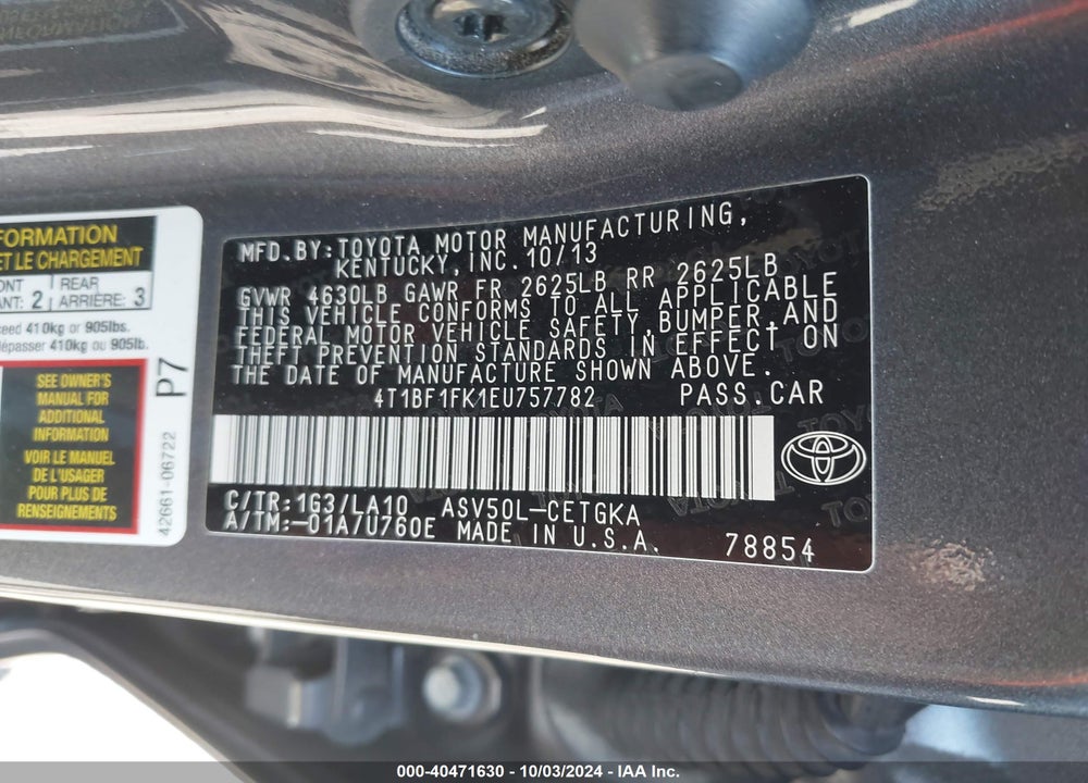 2014 TOYOTA CAMRY VIN: 4T1BF1FK1EU757782