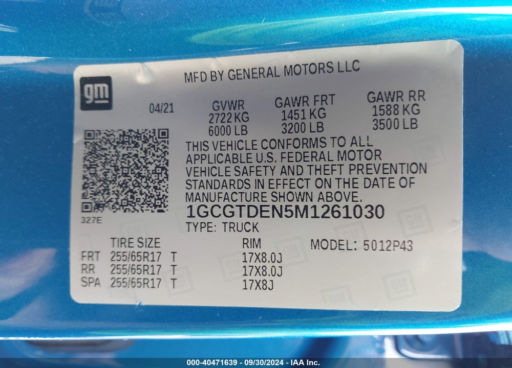 2021 CHEVROLET COLORADO 4WD SHORT BOX Z71 VIN: 1GCGTDEN5M1261030