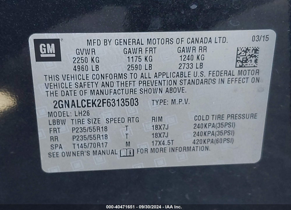 2015 CHEVROLET EQUINOX 2LT VIN: 2GNALCEK2F6313503
