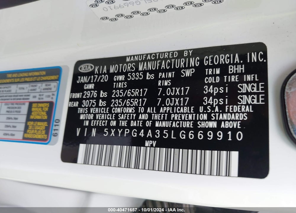 2020 KIA SORENTO 2.4L LX VIN: 5XYPG4A35LG669910