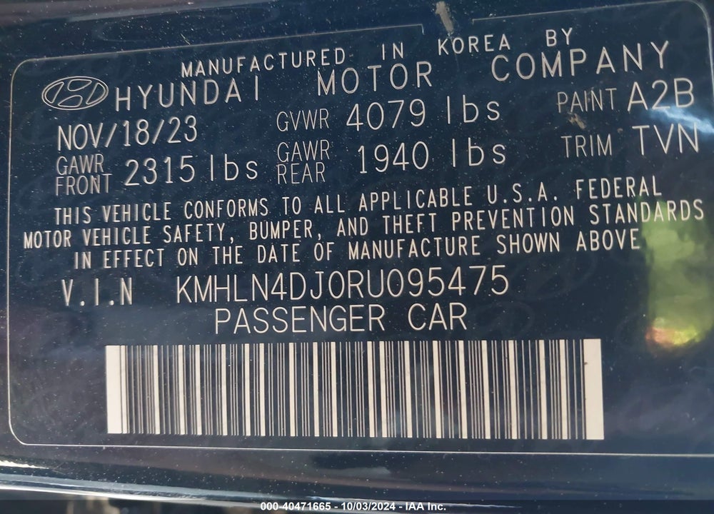 2024 HYUNDAI ELANTRA HYBRID LIMITED VIN: KMHLN4DJ0RU095475