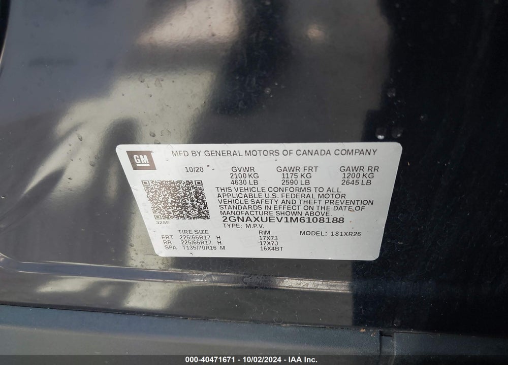 2021 CHEVROLET EQUINOX AWD LT VIN: 2GNAXUEV1M6108188