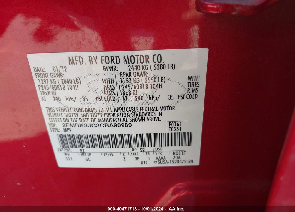 2012 FORD EDGE SEL VIN: 2FMDK3JC3CBA90989
