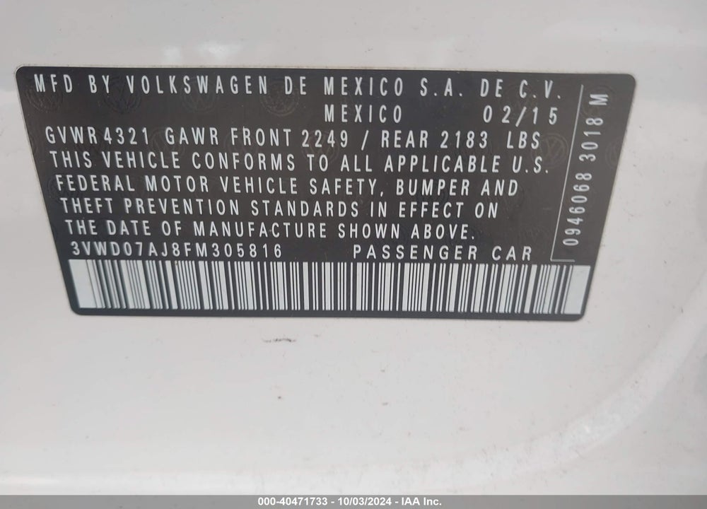 2015 VOLKSWAGEN JETTA 1.8T SE VIN: 3VWD07AJ8FM305816