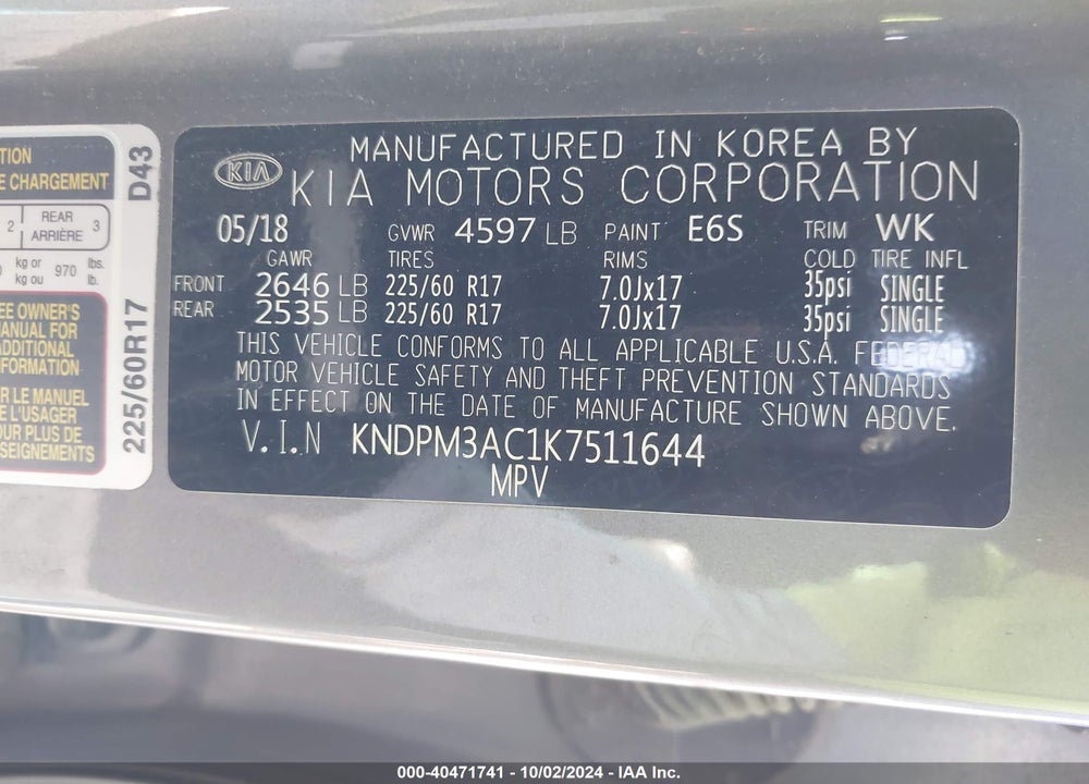 2019 KIA SPORTAGE LX VIN: KNDPM3AC1K7511644