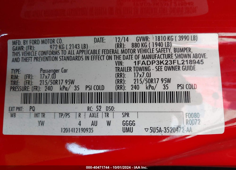 2015 FORD FOCUS SE VIN: 1FADP3K23FL218945