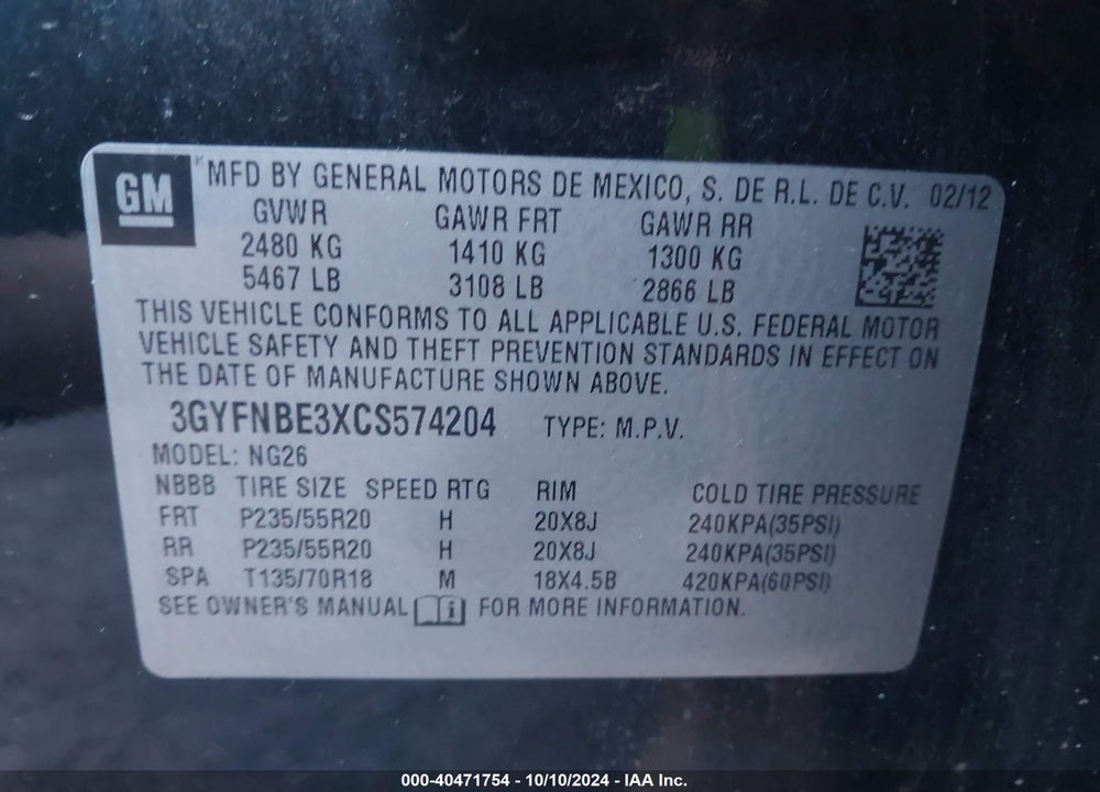 2012 CADILLAC SRX PERFORMANCE COLLECTION VIN: 3GYFNBE3XCS574204