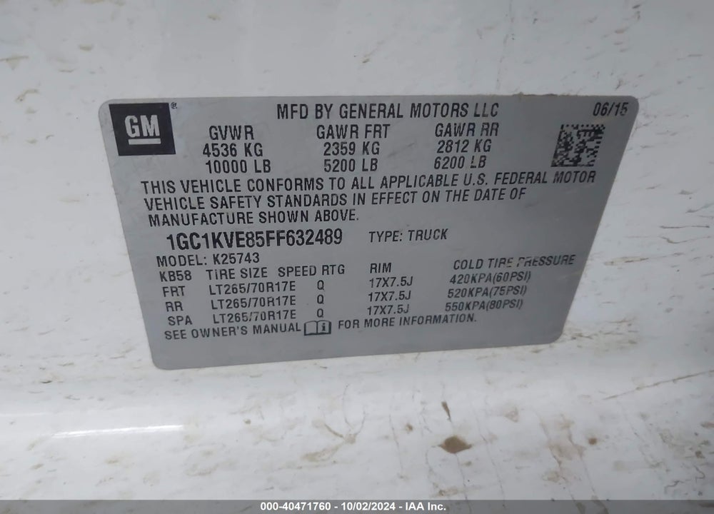 2015 CHEVROLET SILVERADO 2500HD LT VIN: 1GC1KVE85FF632489