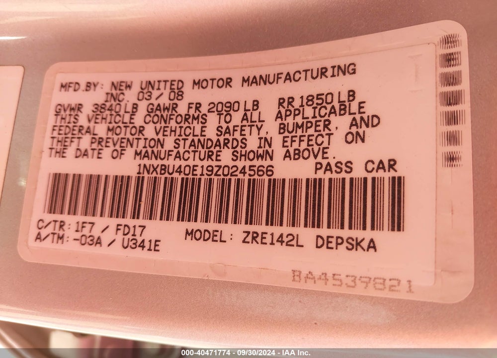 2009 TOYOTA COROLLA S VIN: 1NXBU40E19Z024566