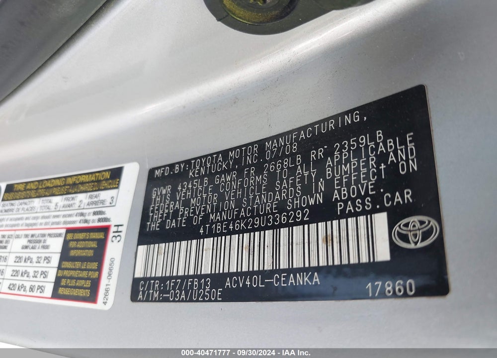 2009 TOYOTA CAMRY LE VIN: 4T1BE46K29U336292