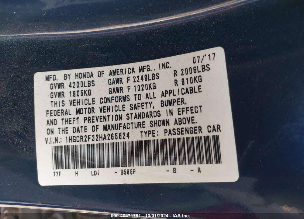 2017 HONDA ACCORD LX VIN: 1HGCR2F32HA265624