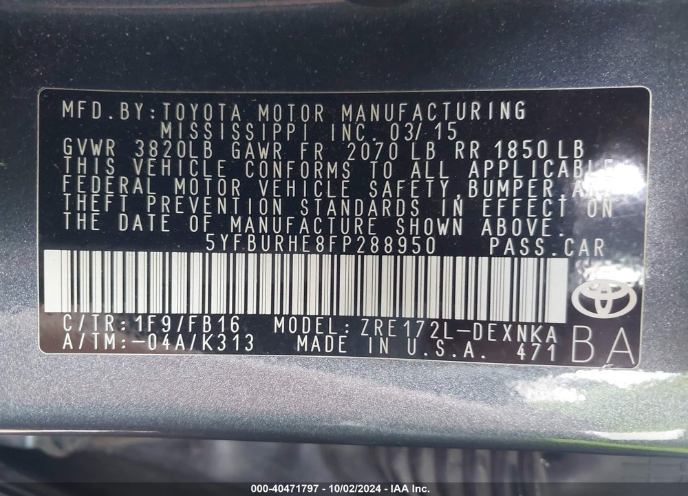 2015 TOYOTA COROLLA LE VIN: 5YFBURHE8FP288950