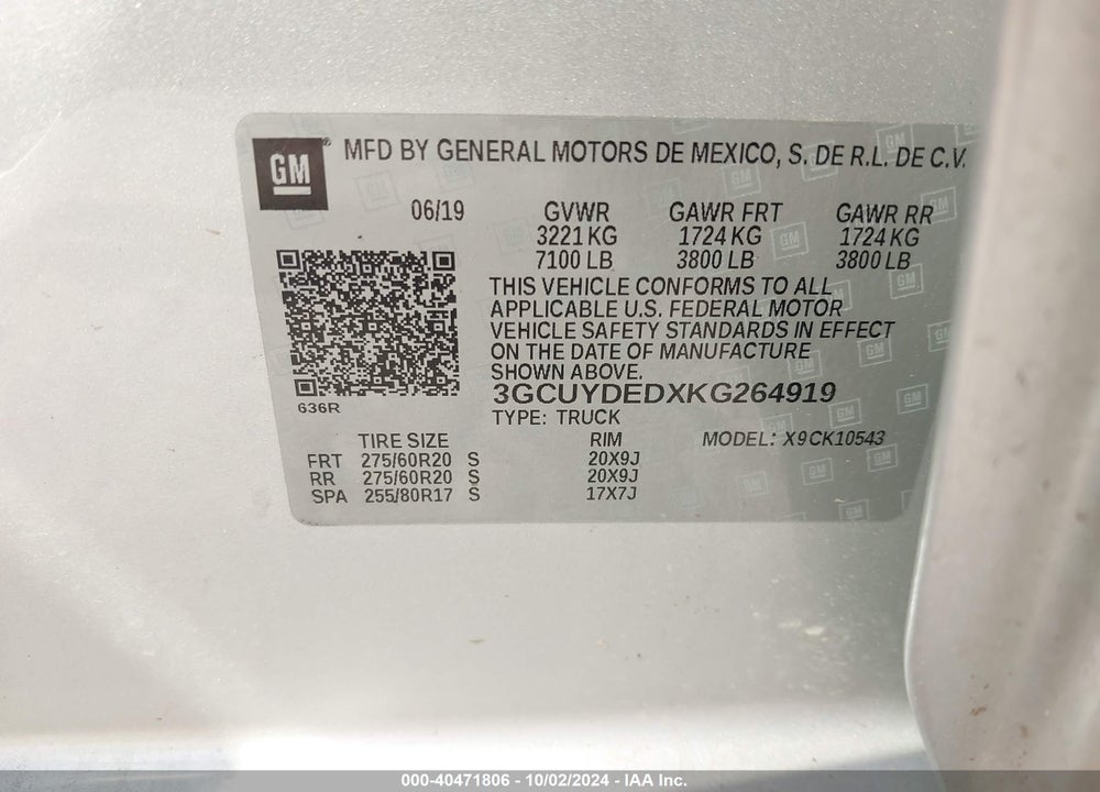 2019 CHEVROLET SILVERADO 1500 LT VIN: 3GCUYDEDXKG264919