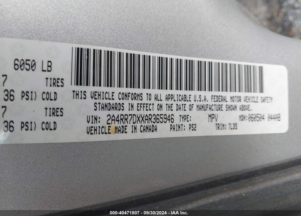 2010 CHRYSLER TOWN & COUNTRY NEW LIMITED VIN: 2A4RR7DXXAR365946