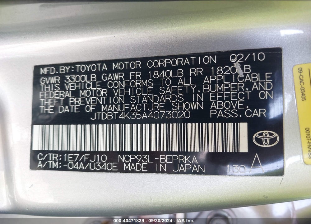 2010 TOYOTA YARIS VIN: JTDBT4K35A4073020