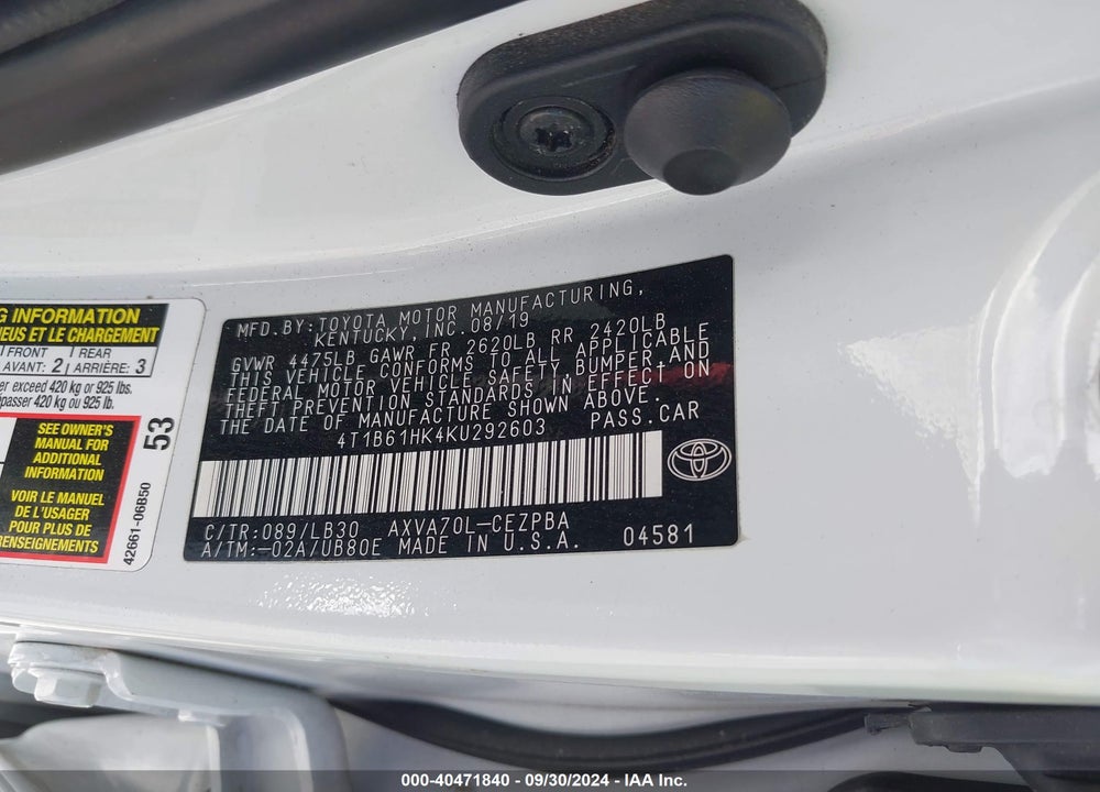 2019 TOYOTA CAMRY XSE VIN: 4T1B61HK4KU292603