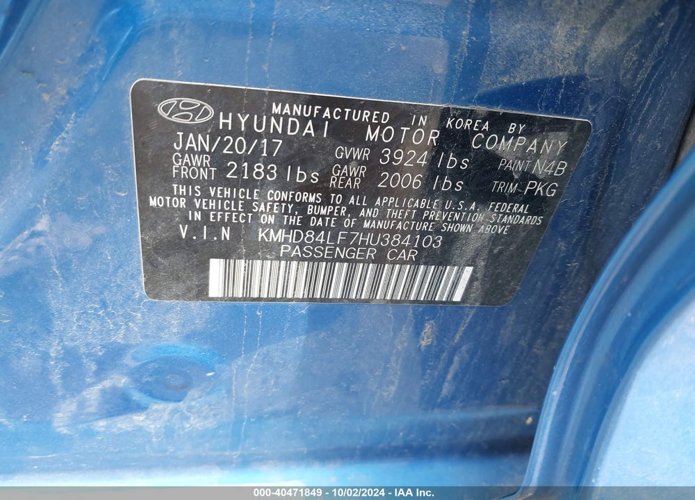 2017 HYUNDAI ELANTRA SE VIN: KMHD84LF7HU384103