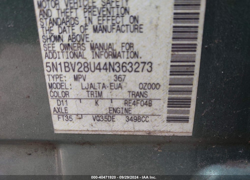 2004 NISSAN QUEST VIN: 5N1BV28U44N363273