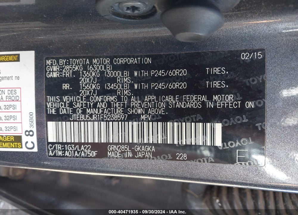 2015 TOYOTA 4RUNNER LIMITED/SR5/SR5 PREMIUM/TRAIL/TRAIL PREMIUM/TRD PRO VIN: JTEBU5JR1F5238597