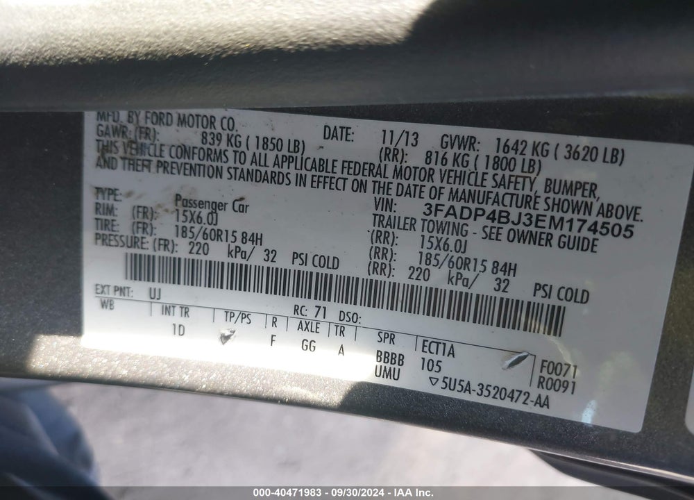 2014 FORD FIESTA SE VIN: 3FADP4BJ3EM174505