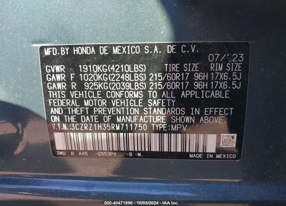2024 HONDA HR-V 2WD LX VIN: 3CZRZ1H35RM711750