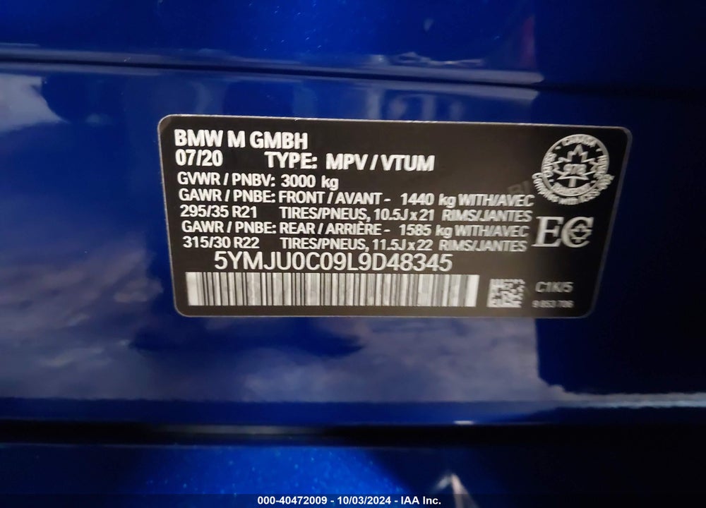 2020 BMW X5 M COMPETITION VIN: 5YMJU0C09L9D48345