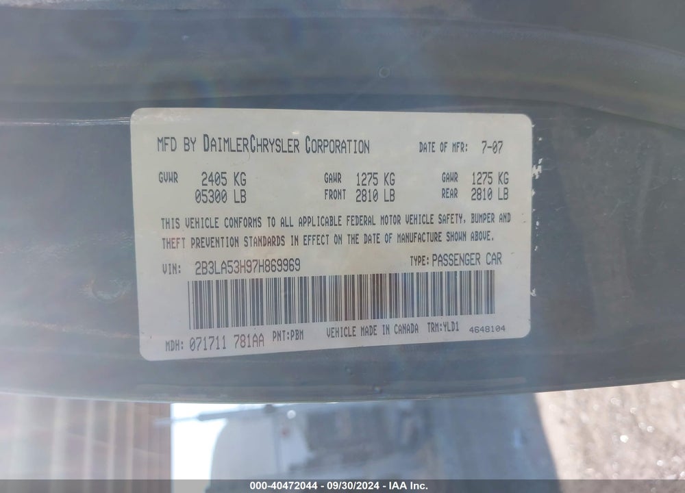 2007 DODGE CHARGER RT VIN: 2B3LA53H97H869969