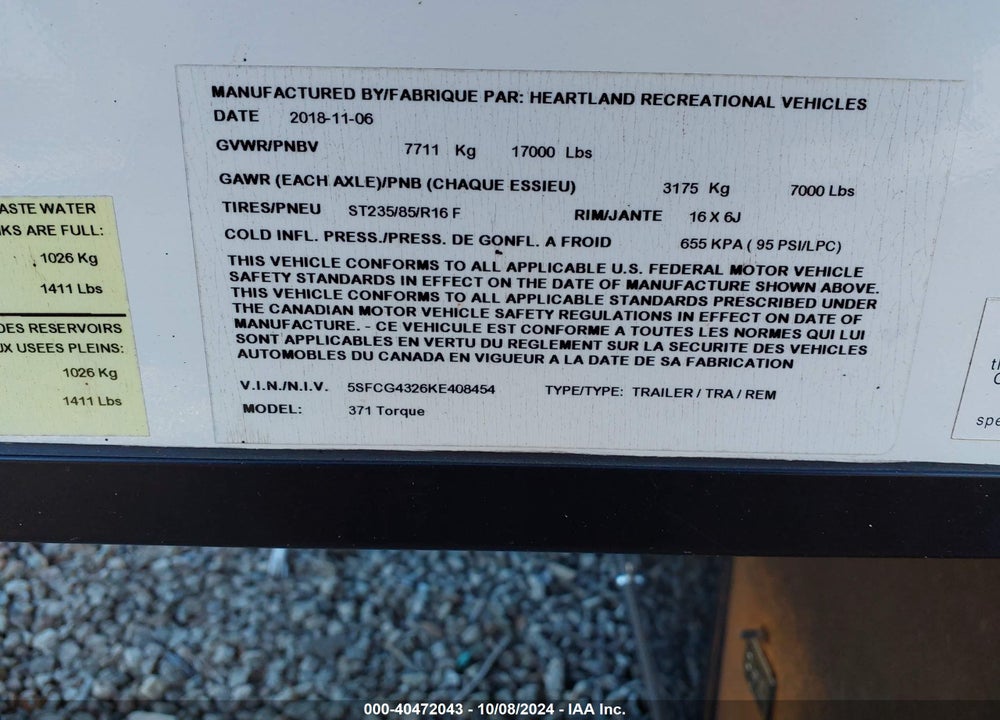 2019 HEARTLAND FIFTH WHEEL TRAVEL TRAILER VIN: 5SFCG4326KE408454