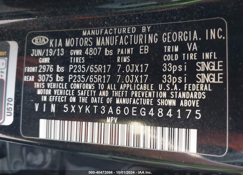 2014 KIA SORENTO LX VIN: 5XYKT3A60EG484175