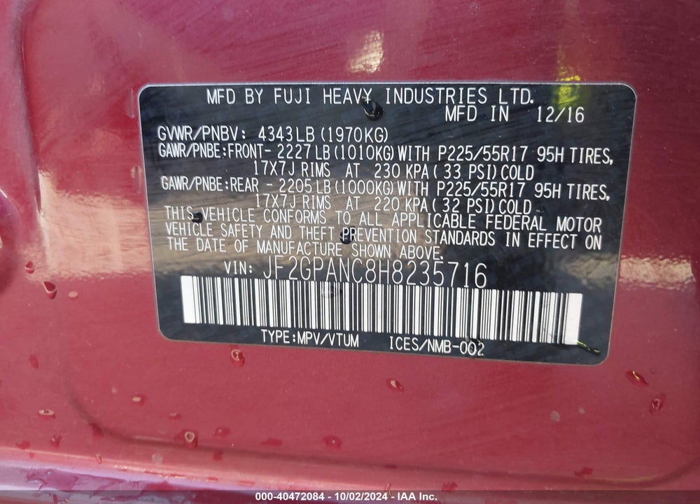 2017 SUBARU CROSSTREK 2.0I LIMITED VIN: JF2GPANC8H8235716