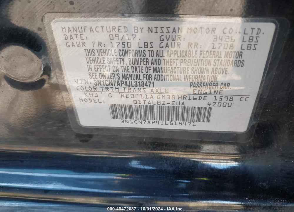 2018 NISSAN VERSA 1.6 SV VIN: 3N1CN7AP4JL818471