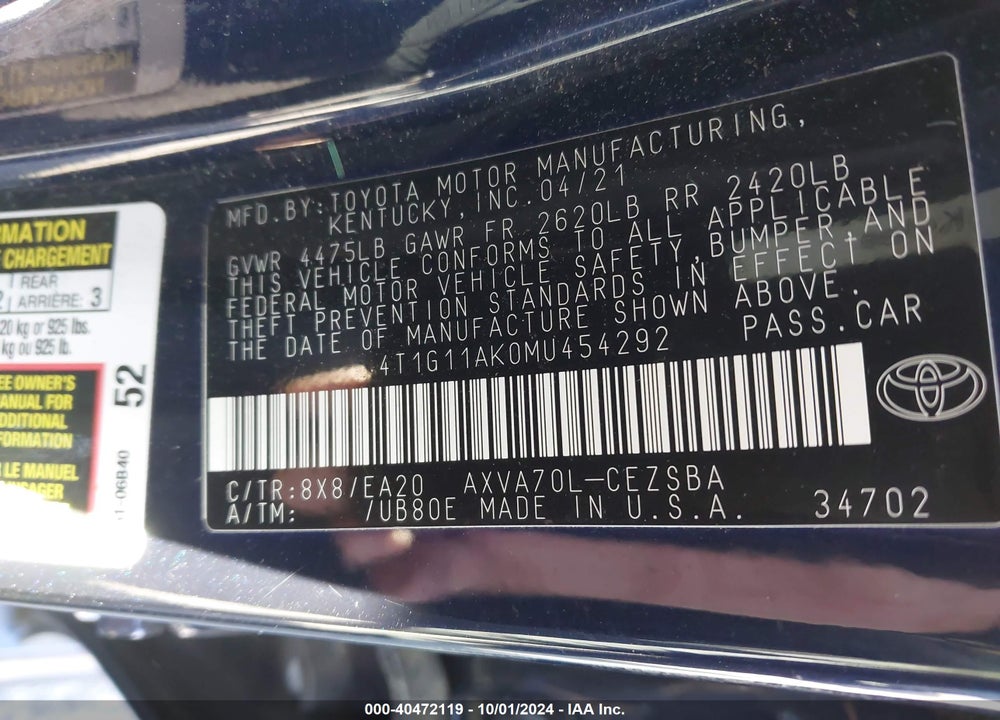 2021 TOYOTA CAMRY SE/SE NIGHTSHADE EDITION VIN: 4T1G11AK0MU454292