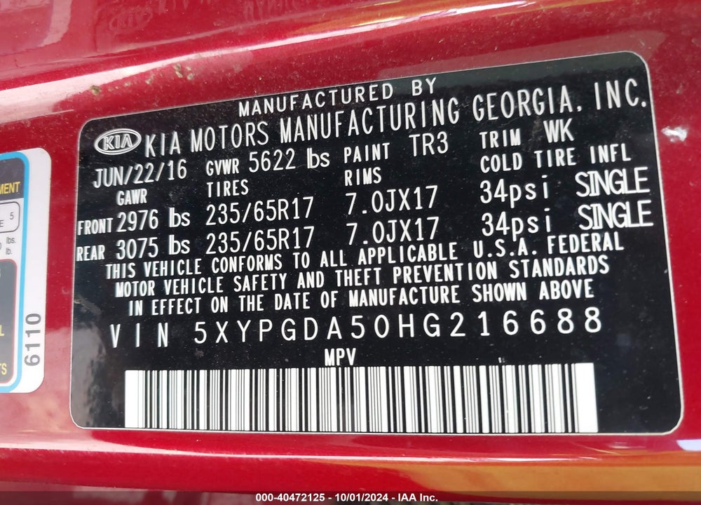 2017 KIA SORENTO VIN: 5XYPGDA50HG216688