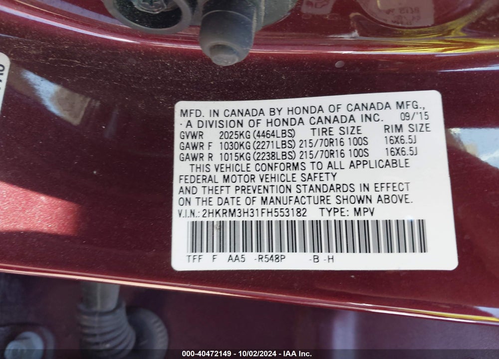 2015 HONDA CR-V LX VIN: 2HKRM3H31FH553182