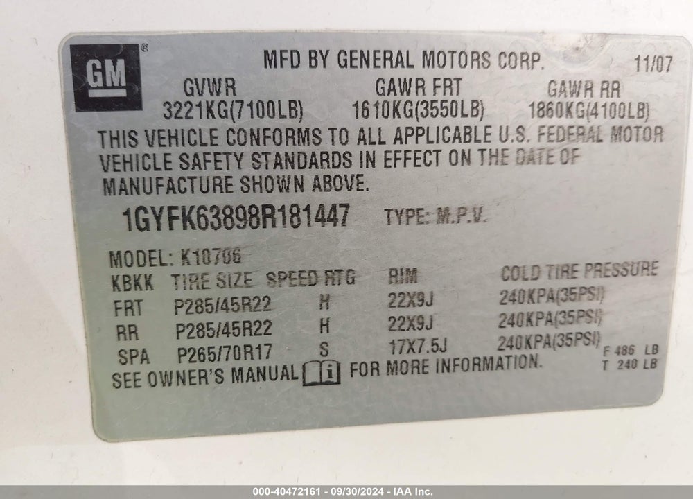 2008 CADILLAC ESCALADE STANDARD VIN: 1GYFK63898R181447