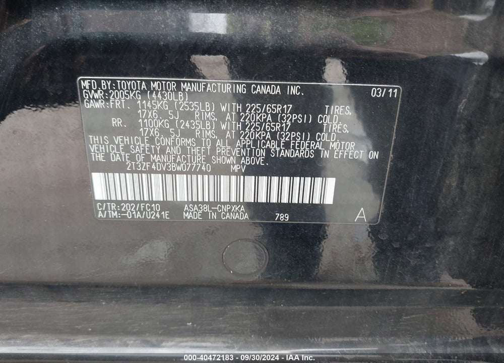 2011 TOYOTA RAV4 VIN: 2T3ZF4DV3BW077740