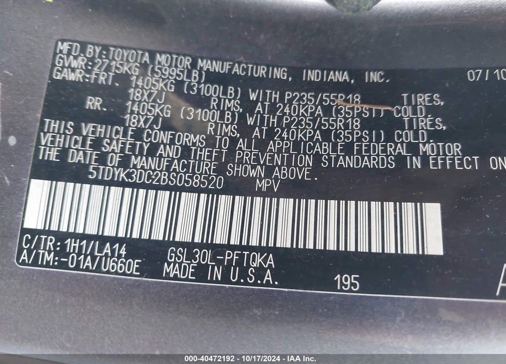 2011 TOYOTA SIENNA LIMITED V6 VIN: 5TDYK3DC2BS058520
