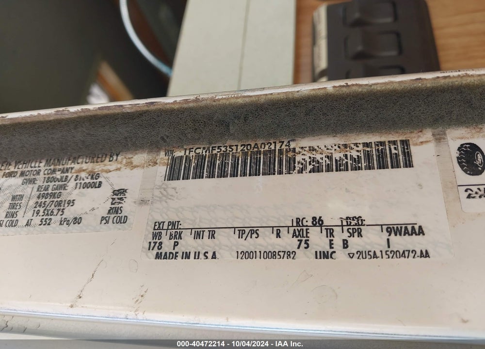 2002 FORD F550 SUPER DUTY STRIPPED CHASS VIN: 1FCMF53S120A02174
