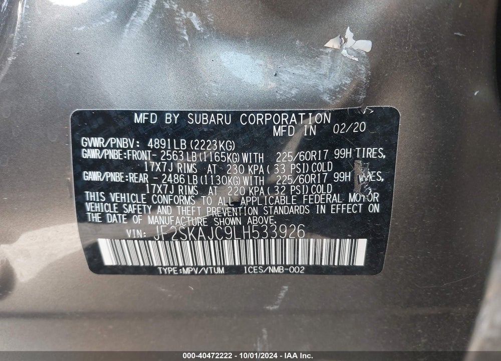 2020 SUBARU FORESTER VIN: JF2SKAJC9LH533926