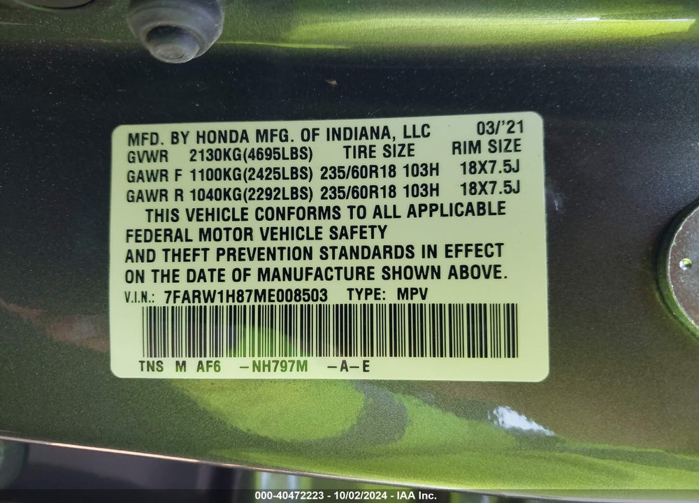 2021 HONDA CR-V 2WD EX-L VIN: 7FARW1H87ME008503
