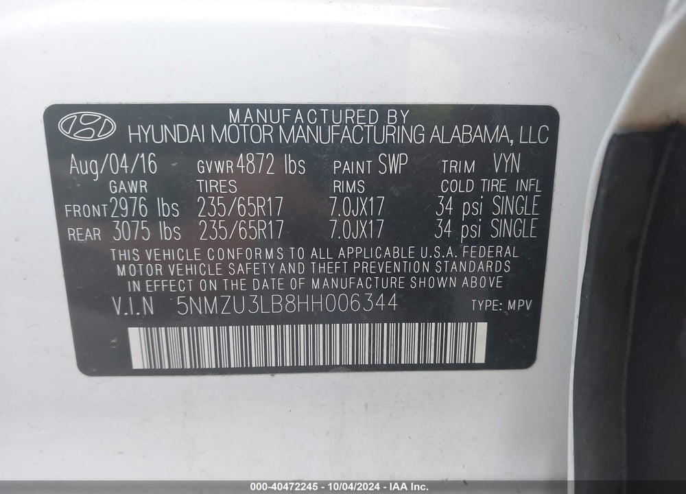 2017 HYUNDAI SANTA FE SPORT 2.4L VIN: 5NMZU3LB8HH006344
