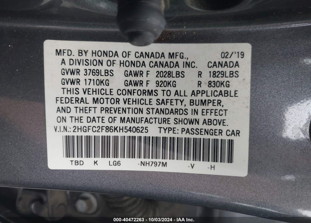 2019 HONDA CIVIC SPORT VIN: 2HGFC2F86KH540625