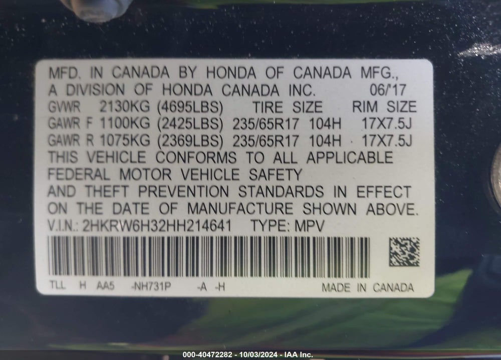 2017 HONDA CR-V LX VIN: 2HKRW6H32HH214641