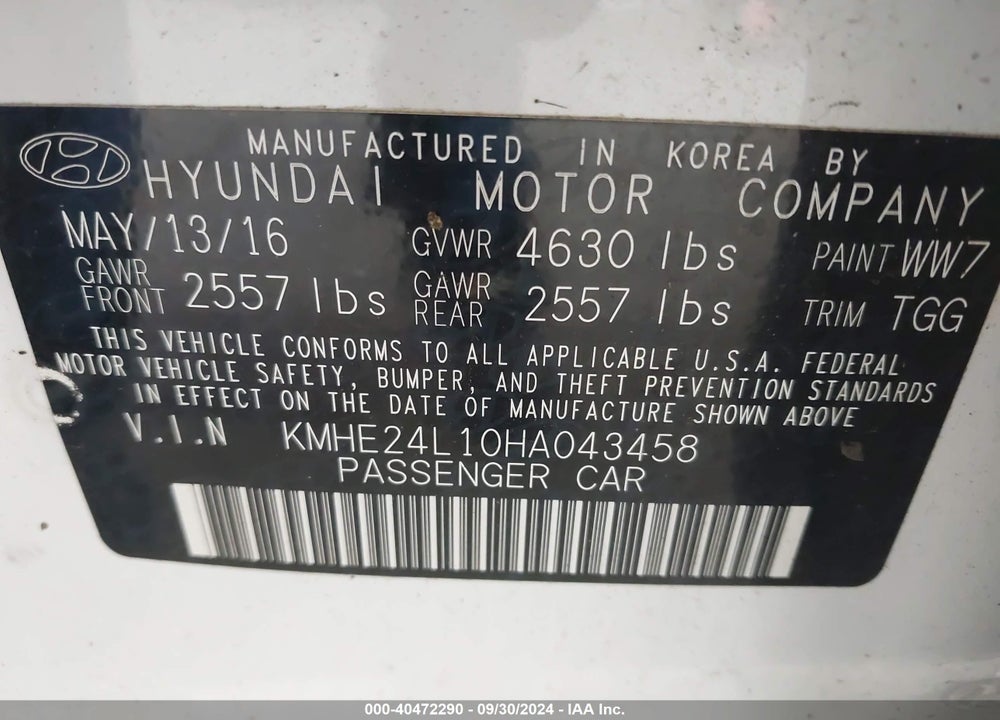 2017 HYUNDAI SONATA HYBRID SE VIN: KMHE24L10HA043458